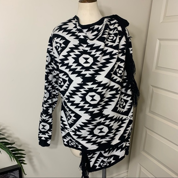 𝅺JESSICA Southwestern Black White printed Tribal Jersey Knit Cardigan Wrap L - Picture 7 of 11
